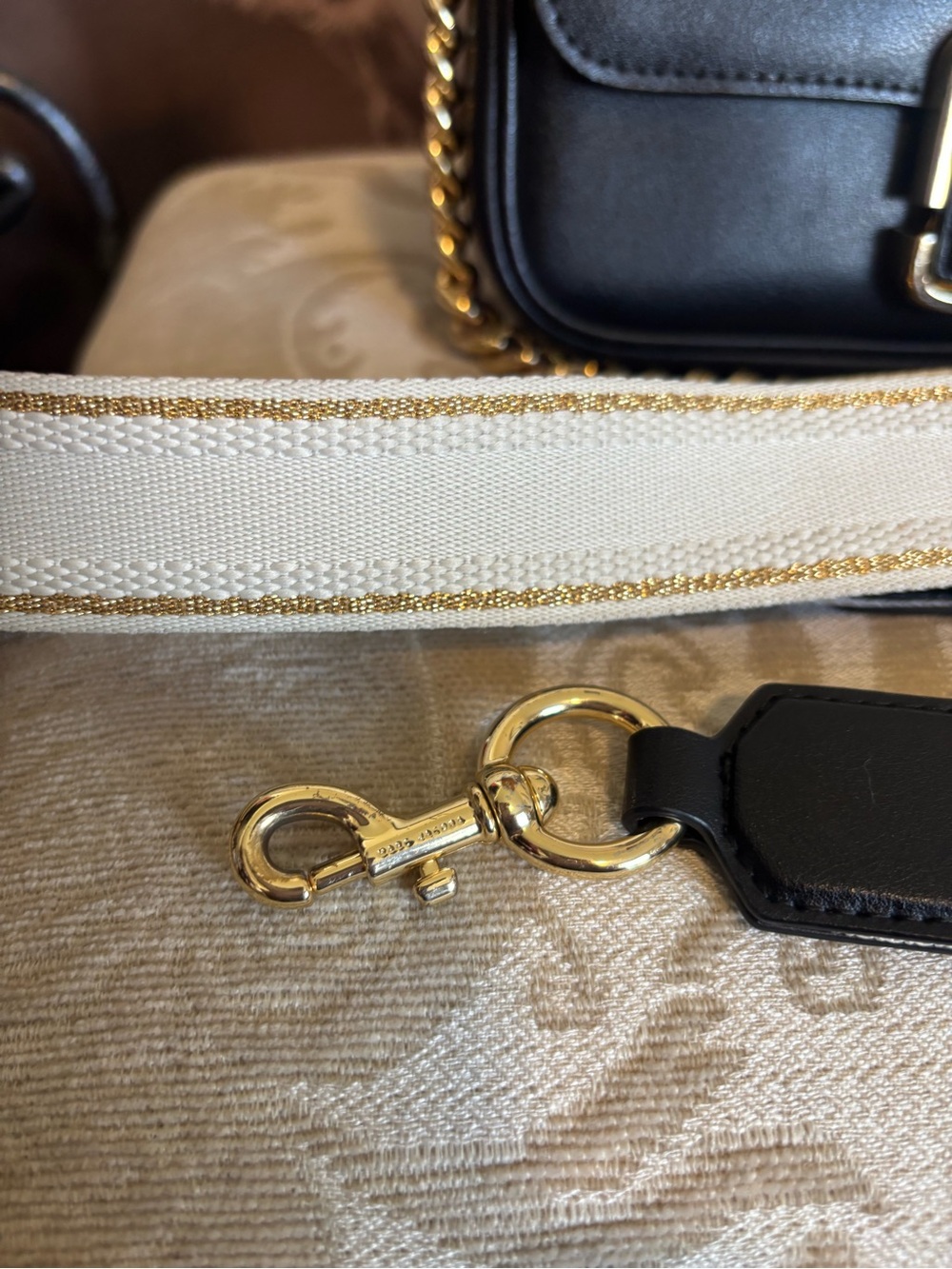Marc Jacobs Black Leather Crossbody with Gold Chain and Branded Cream Strap - Picture 2 of 13